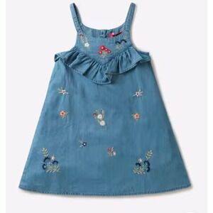 Next Girls Blue Denim Floral Embroidered Ruffle Dress 1.5-2 Years 92cm